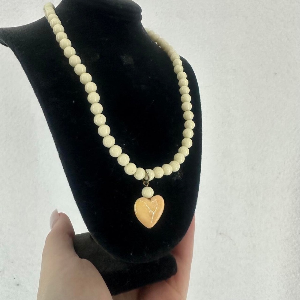 Y2K White Beaded Heart Pendant Necklace Vintage Cottagecore‎ Boho Romantic